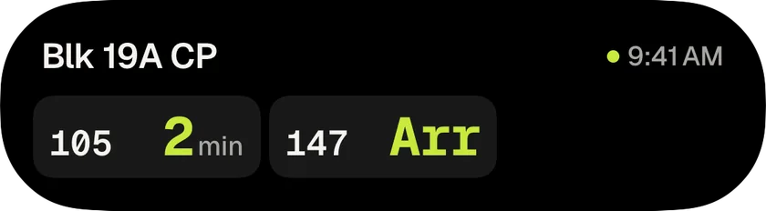 Expanded Dynamic Island showing 105 in 2 minutes and 147 arriving at Blk 19A CP