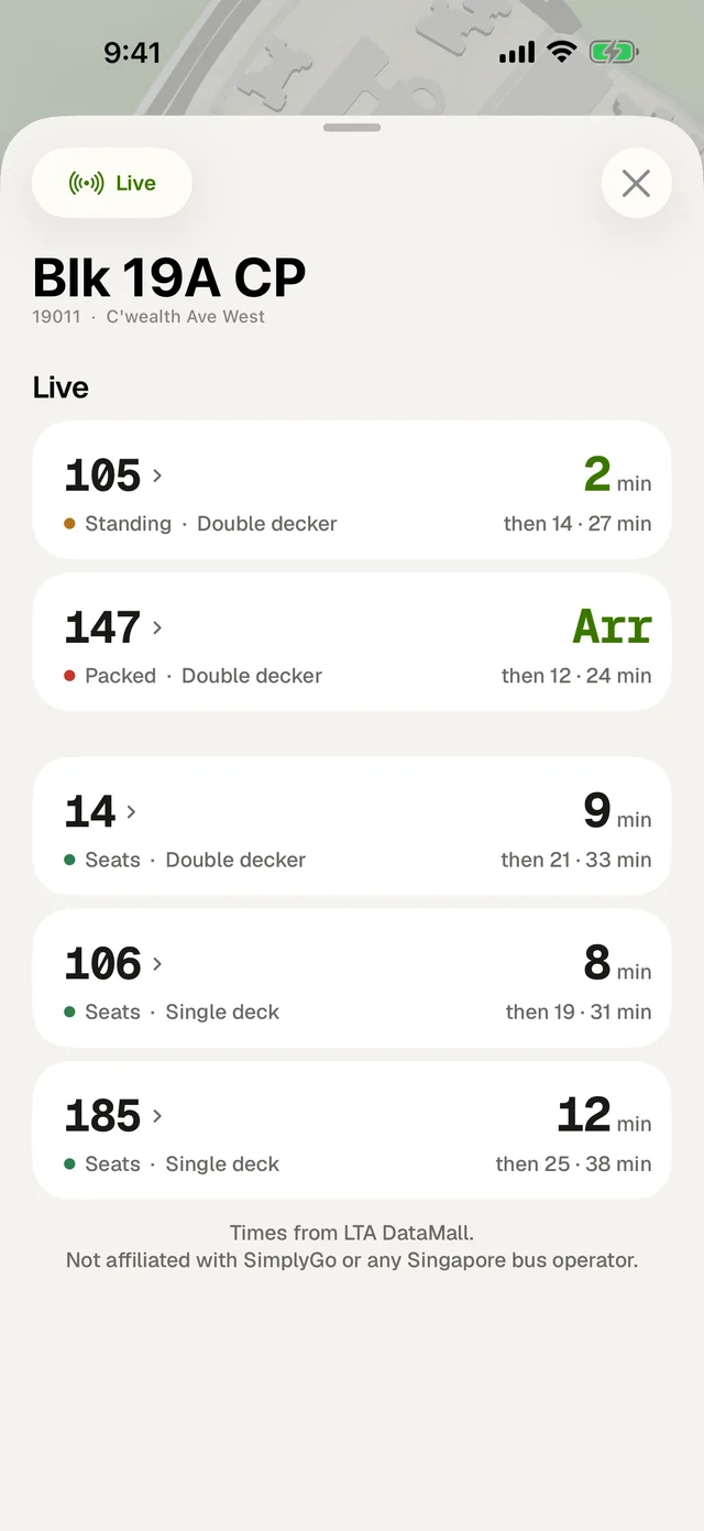 Arrivals board for Blk 19A CP with five buses, two of them Live