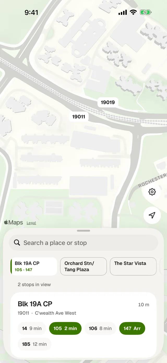 Whenbus map with nearby stops and their next buses