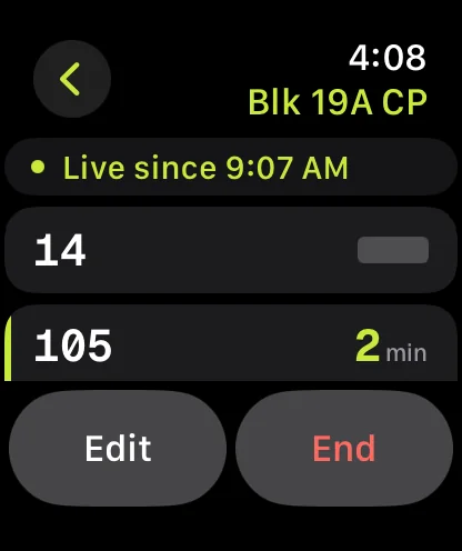 Whenbus on Apple Watch showing a Live stop with bus 105 in 2 minutes